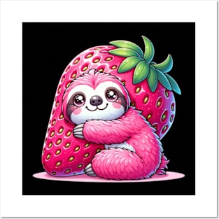 Pink Sloth Hugging a Strawberry Cute Kawaii Animal Posters and Art